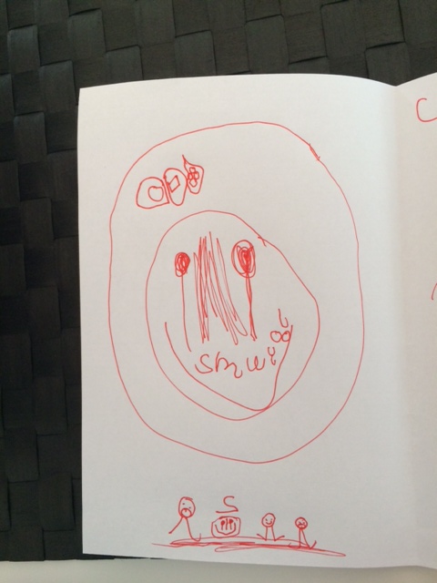 Cille's fødselsdagskort til Mille. Det er de 4 familiemedlemmer nederst og fødselsdagskage øverst